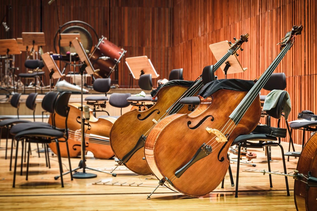 Cello Music instruments on a stage